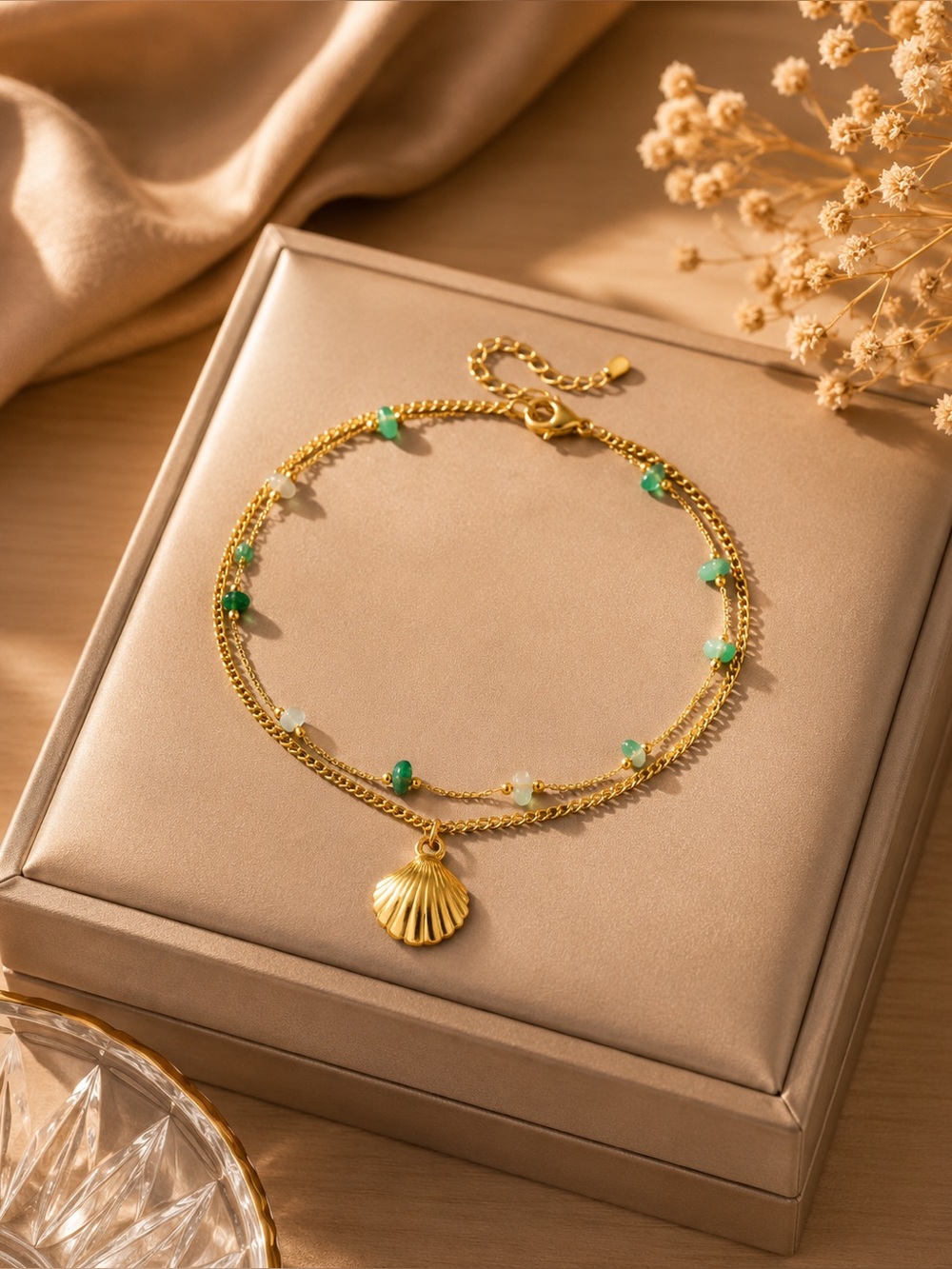 Gold Shell Charm Double-Layer Anklet with Green Beads